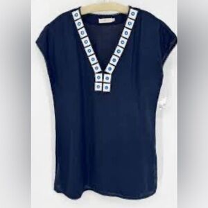 Tory Burch 100% linen navy blue Feminine Preppy tunic with crochet detail Size L